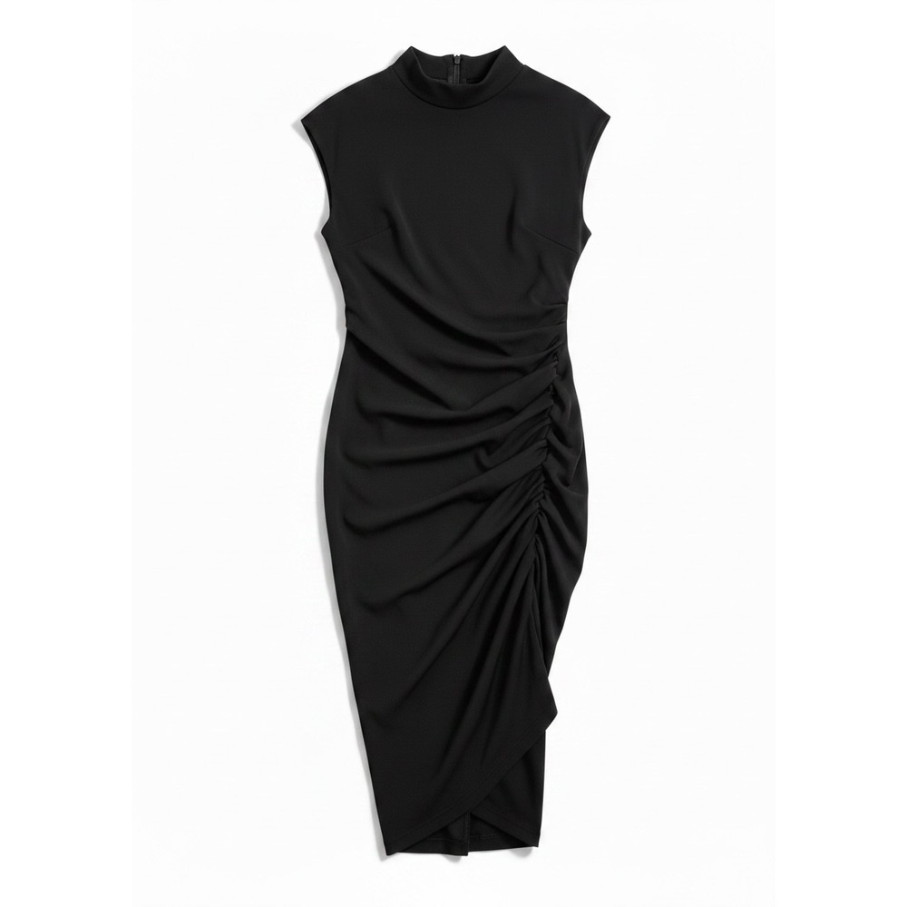 Anthropologie The Maya Ruched Cowl Neck Dress Womens M Black Midi Slit - Picture 6 of 11
